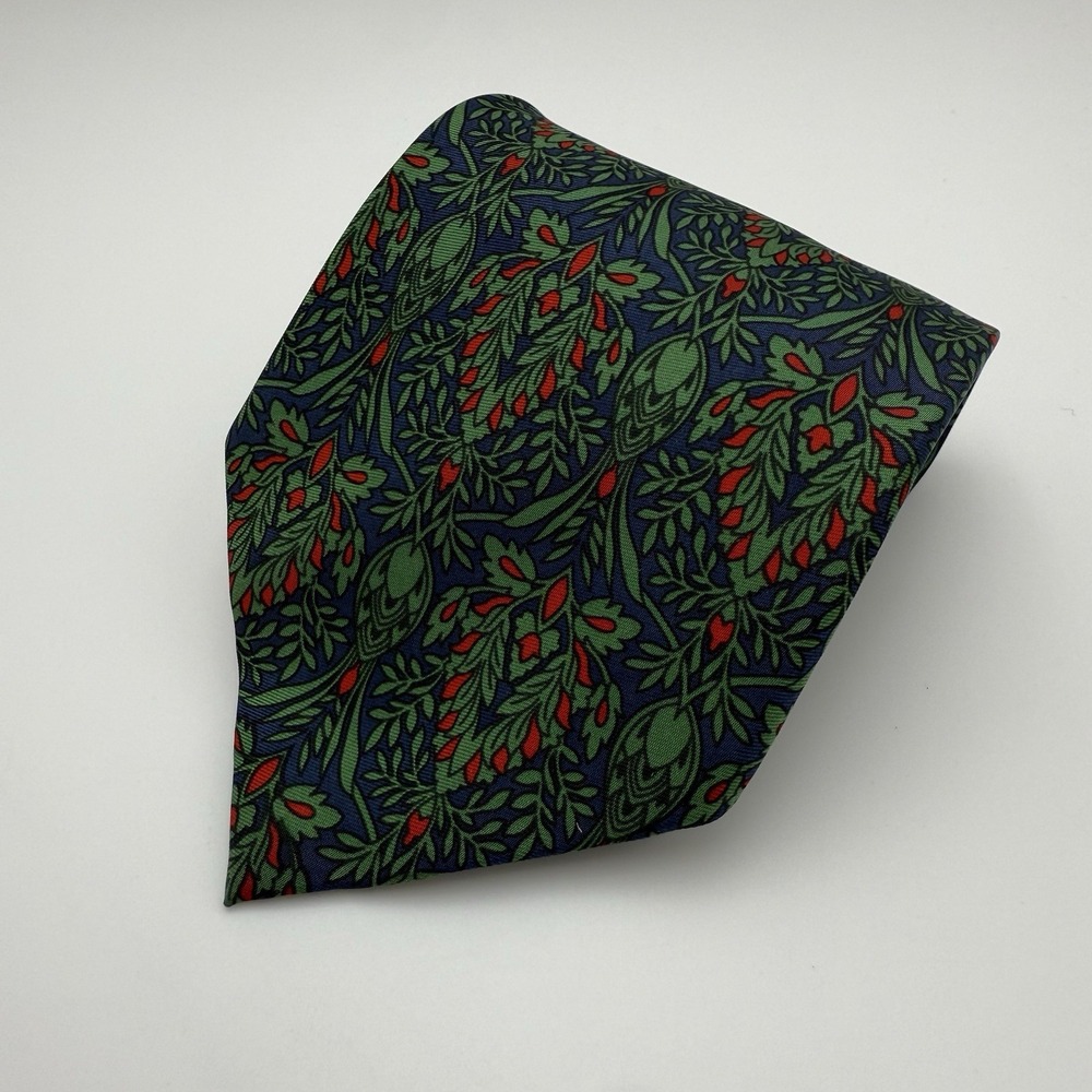 Smithsonian Institution Italy Dark Green Red Christmas Floral Silk Necktie 58 in